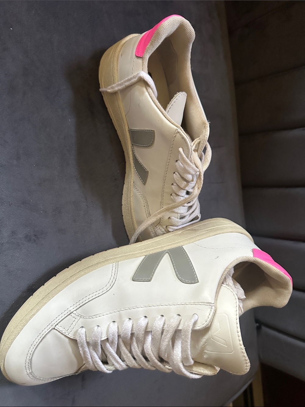 Veja Leather Sneakers in White with Pink Heel and Gray V